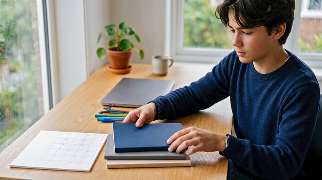 Teenage boy organizing notebooks on a wooden desk by a window. Young male student preparing his home study space for the new school year with laptop and calendar