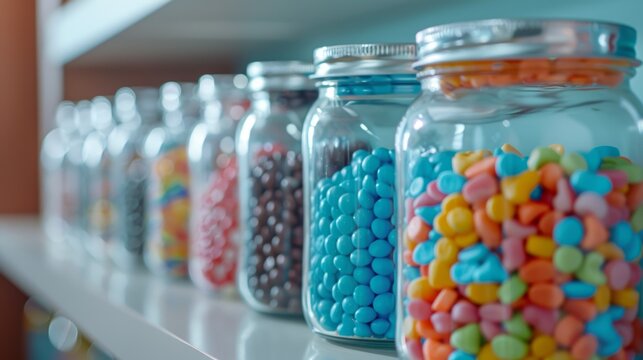 Colorful candy jars lined up on a shelf displaying vibrant sweets in a cozy shop setting