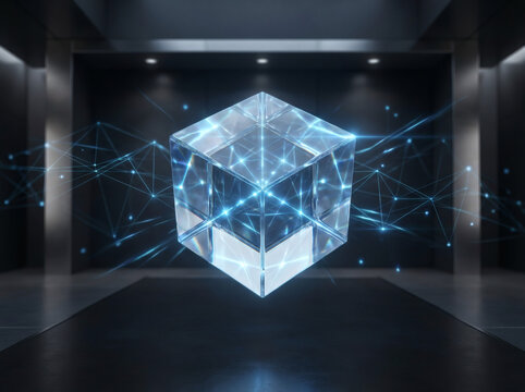 Illuminated transparent cube with internal network glows in a dark room