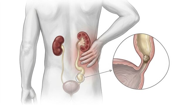 Illustration of a kidney stone blocking the ureter causing pain