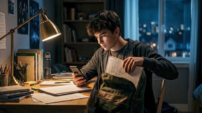 Teenage boy checking his smartphone schedule while packing a backpack late at night. Young male student preparing for the first school day at his illuminated desk