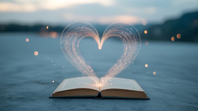 Open book with glowing heart-shaped water splash on tranquil lakeside at dusk
