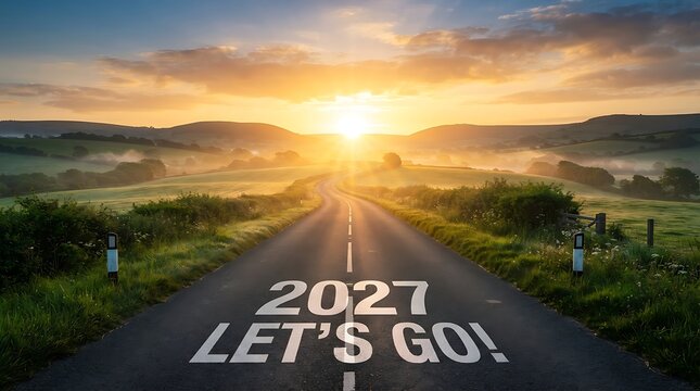 Sunrise road with 2027 motivational sign for new year business goals and travel inspiration.