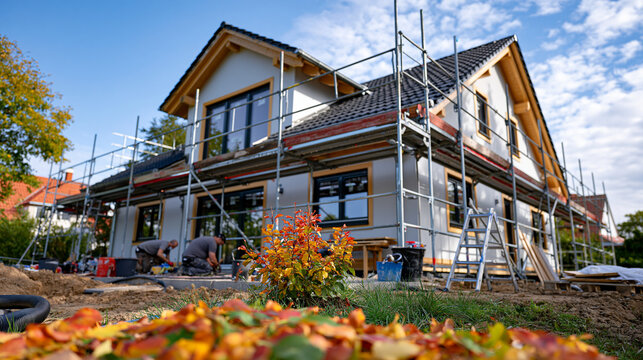 Private house undergoing complete exterior makeover during autumn, workers repainting the facade, repairing roof edges and restoring wooden trim, construction scaffolding and tools visible, colorful