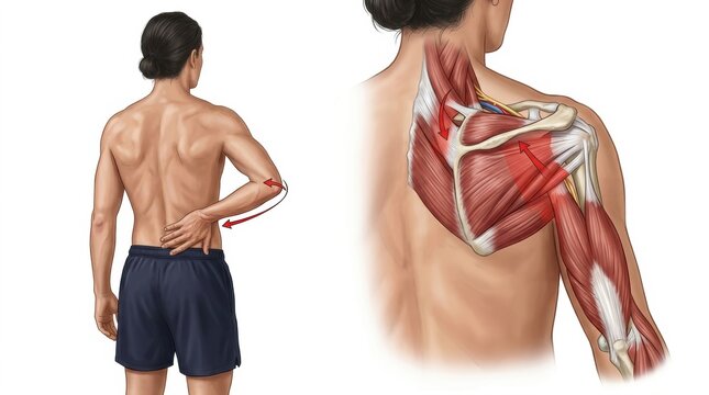 Anatomical illustration showing shoulder and lower back pain with muscle strain