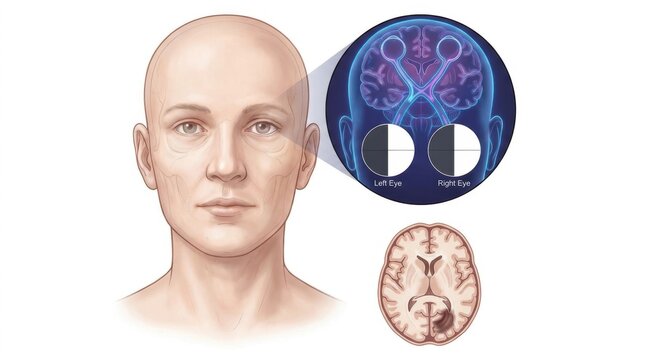 Medical illustration showing visual field defect and brain lesion