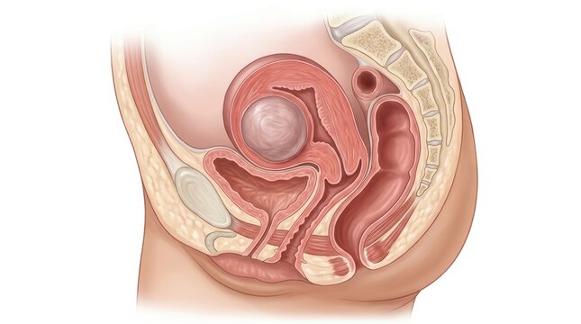 Anatomical illustration of the female reproductive system with a fibroid tumor