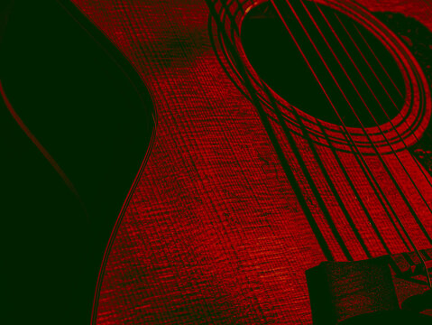 Dramatic Red and Black Toned Acoustic Guitar Close-Up, Moody Musical Instrument Detail
