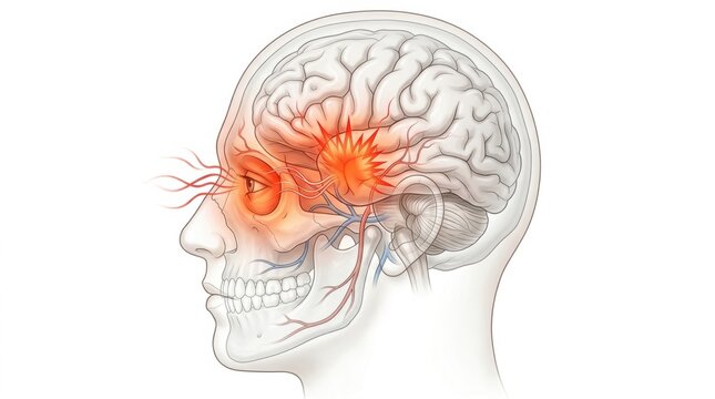 Illustration of a human head showing a severe migraine headache with pulsating pain