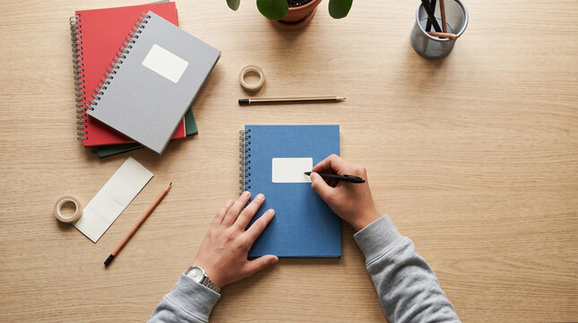 Top view of a teenager labeling school notebooks on a wooden desk. Flat lay of student hands writing on a blank sticker with stationery supplies