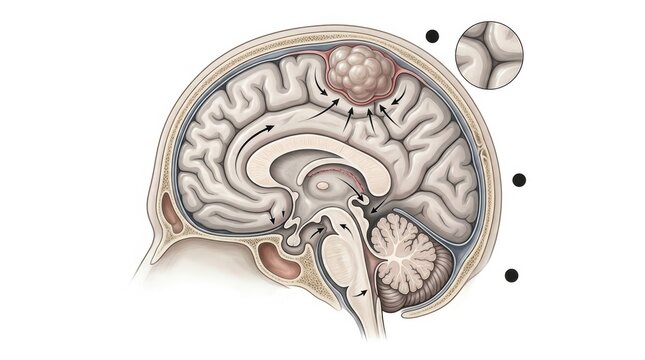 Sagittal view of human brain showing a tumor pressing on cerebral cortex
