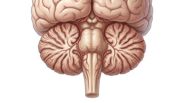 Detailed illustration of the human brain's cerebellum and brainstem with arteries