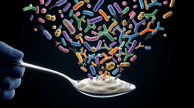 A gloved hand holding a silver spoon filled with yogurt, with various colorful probiotic bacteria and microorganisms floating above it against a black background