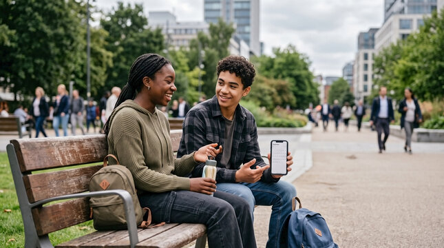 Two teenage friends reconnecting after summer break on a public bench. Diverse high school students looking at a smartphone calendar