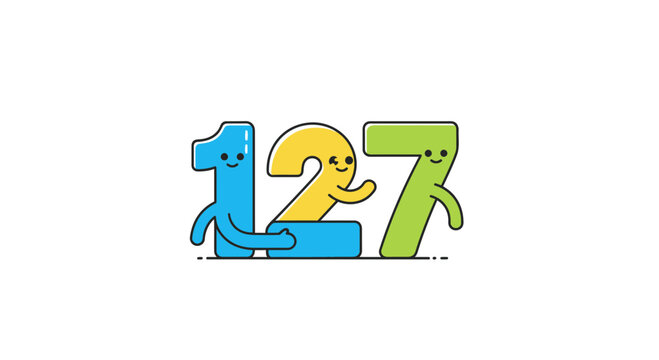 Cute Cartoon Numbers 127 with Faces and Arms