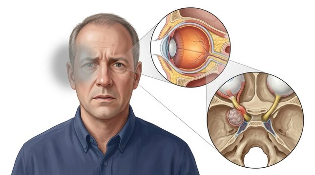 Man with vision loss and detailed eye anatomy illustration
