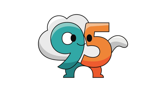 Cute Cartoon Number 95 Character with Cloud Shape, Teal and Orange