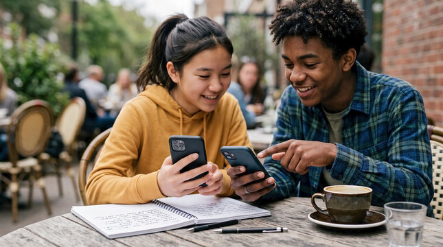 Diverse teenagers comparing digital class schedules on smartphones at an outdoor cafe. Asian girl and Black boy smiling and looking at phone screens. Students studying together with notebook