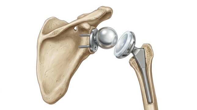Anatomical illustration of a shoulder joint replacement surgery and implant components