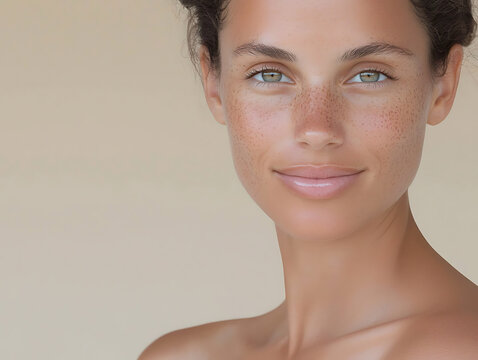Close-up portrait of a woman with natural freckles and a gentle smile