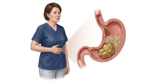 Woman experiencing stomach pain due to a bezoar in her digestive system