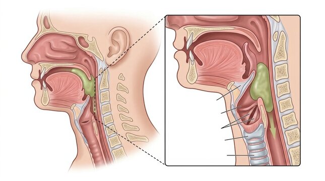Anatomical illustration of the human pharynx and larynx with detailed structures
