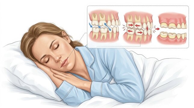 Woman sleeping while teeth grinding illustration shows jaw clenching and damage