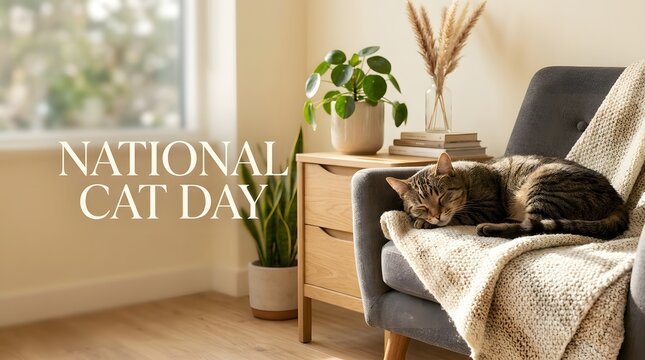Tabby cat sleeping on a comfortable armchair with a soft blanket for national cat day celebration