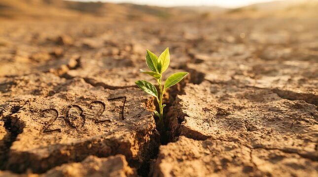 2027 New Year  Young green sprout breaking through dry cracked earth symbolizing resilience and growth.