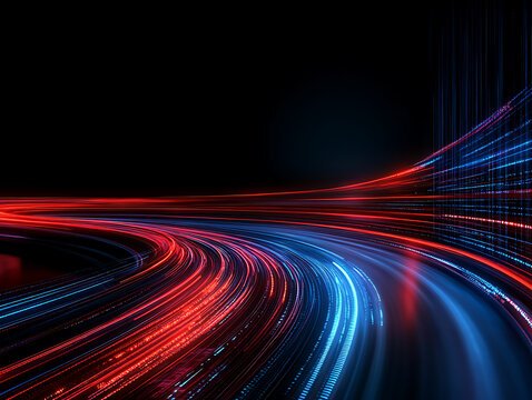 Abstract glowing red and blue light trails on a dark background
