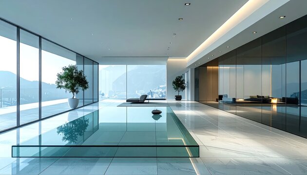 Luxury indoor infinity pool with mountain view windows.