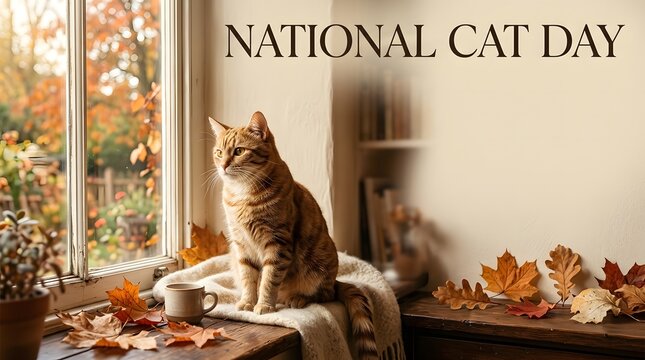 Orange tabby cat sitting on a windowsill with autumn leaves and a coffee mug, national cat day theme