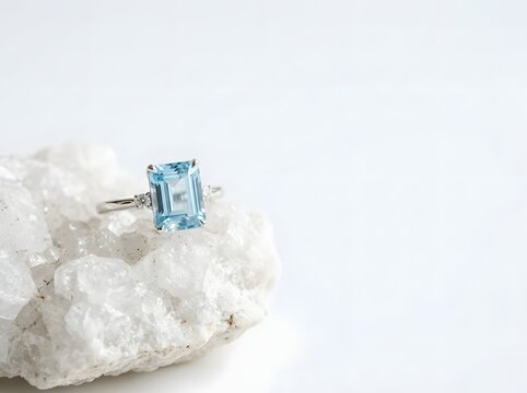 Emerald cut aquamarine gemstone ring with small side diamonds set in silver metal on a raw white quartz crystal stone, isolated on a white background with copy space for text.
