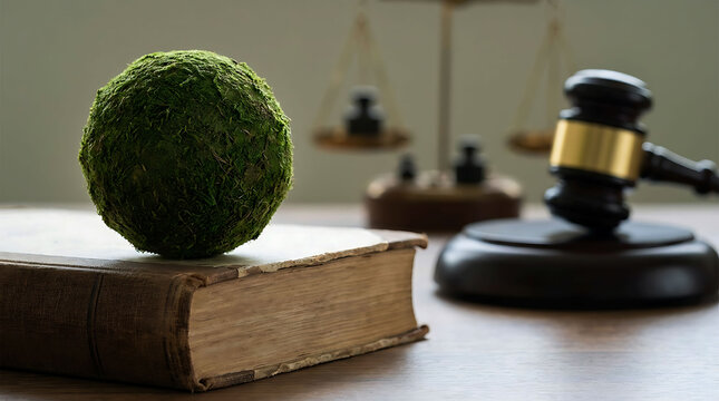 Green moss globe on law book with judge gavel for environmental law concept