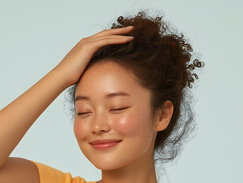 Close-up portrait of a young Korean woman with freckles and curly hair