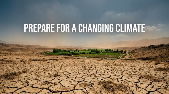 Landscape of cracked dry earth in the foreground with a green oasis in the distance under a dramatic sky