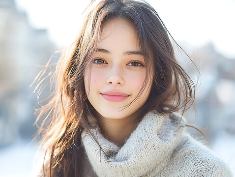 Beautiful Korean woman with freckles and windblown hair in a cozy sweater