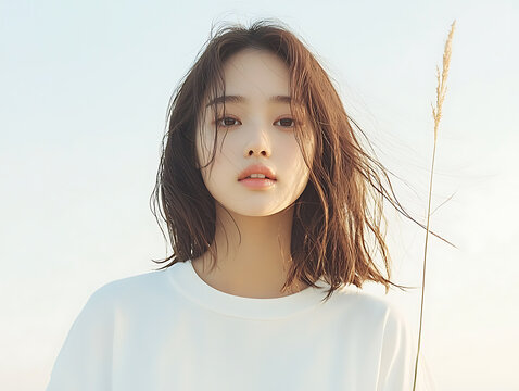 Beautiful Korean woman with natural makeup and windswept hair against a soft sky