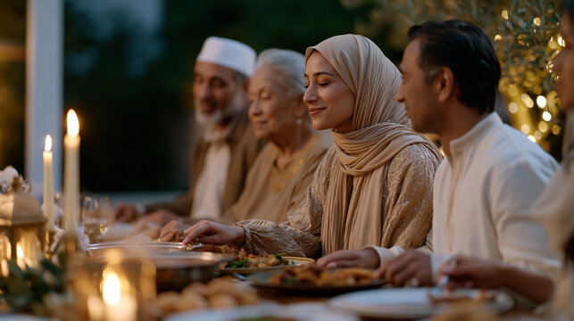 A multigenerational Muslim family gathers around a long dining table set with steaming dishes and candles as the iftar call sounds, hands reaching toward food, capturing Ramadan