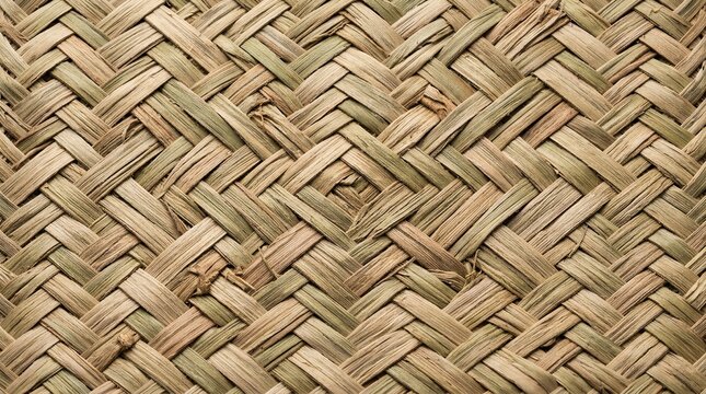 Detailed background texture of a natural woven straw or dry grass matting showing an intricate traditional basketry pattern with earthy green and tan tones