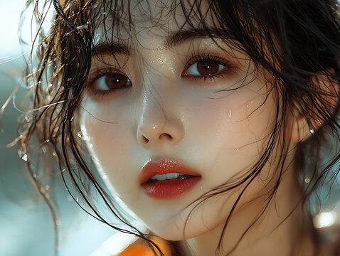 Close-up portrait of a beautiful Korean woman with wet hair and glowing skin