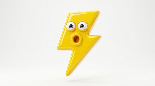 golden flash electric symbol cute electric icon funny cartoon flash shocked expression open mouth face comic style design 3d render asset glossy finish smooth plastic toy