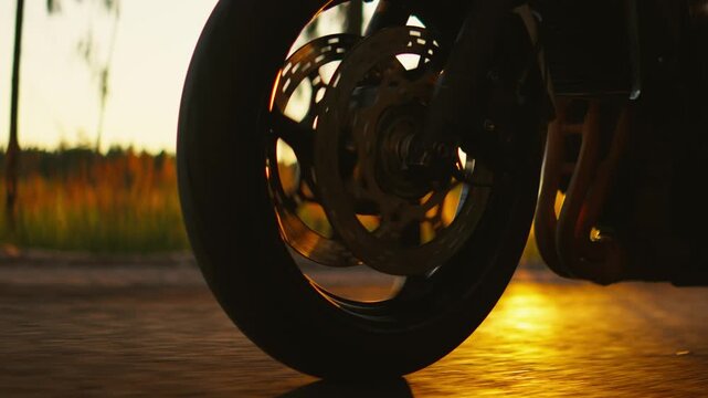 Close-up cinematic view of motorcycle front wheel rolling along rural road at golden hour sunset, capturing motion, speed, and warm reflective light on asphalt
