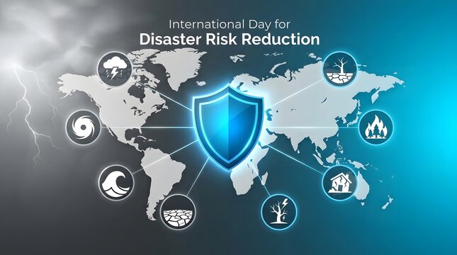 International day for disaster risk reduction concept with world map and protective shield