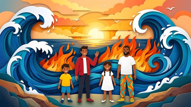 Paper craft illustration of a diverse family standing on a beach with ocean waves and fire in the background
