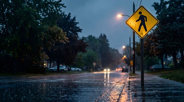 Pedestrian crossing sign on a rainy street at night with glowing street lights and cars in the distance