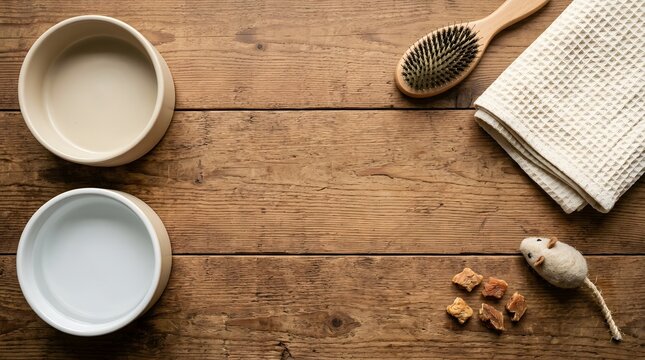 Pet care essentials including bowls, brush, towel, and toy on a rustic wooden background