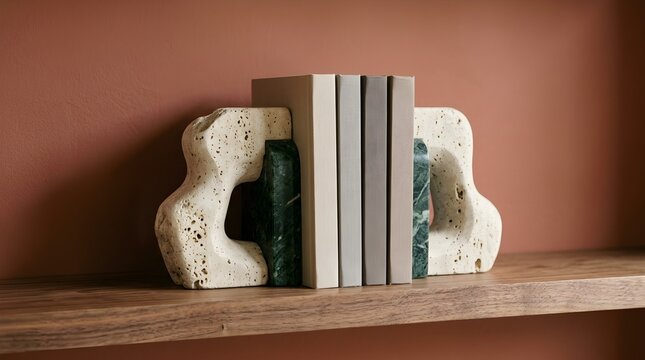 A stack of neutral-colored books held between unique, organic travertine stone and green marble bookends on a wooden shelf.