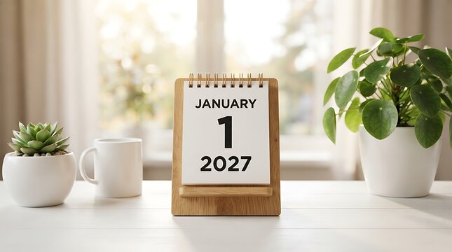 Modern wooden calendar displaying New Year's Day 2027 with cozy indoor decor