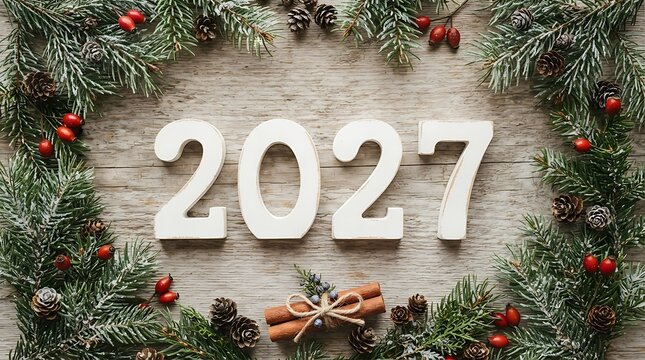 Elegant 2027 New Year wreath with pine branches and berries for festive holiday decor